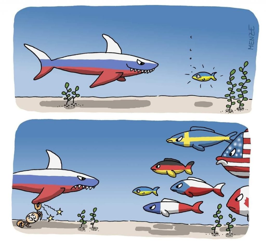illustrazione che mostra un pescecane (la Russia) fronteggiato da molti altri pesci (il fronte dei paesi europei e occidentali)