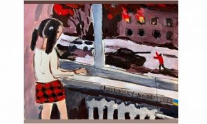E' un disegno. Una bambina osserva dalla finestra di casa i carri armati nelle strade coperte di neve, e le case che bruciano