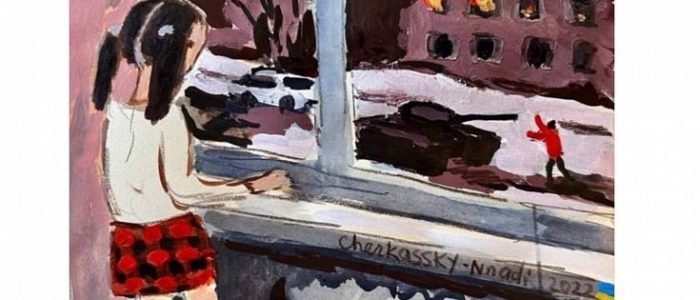 E' un disegno. Una bambina osserva dalla finestra di casa i carri armati nelle strade coperte di neve, e le case che bruciano