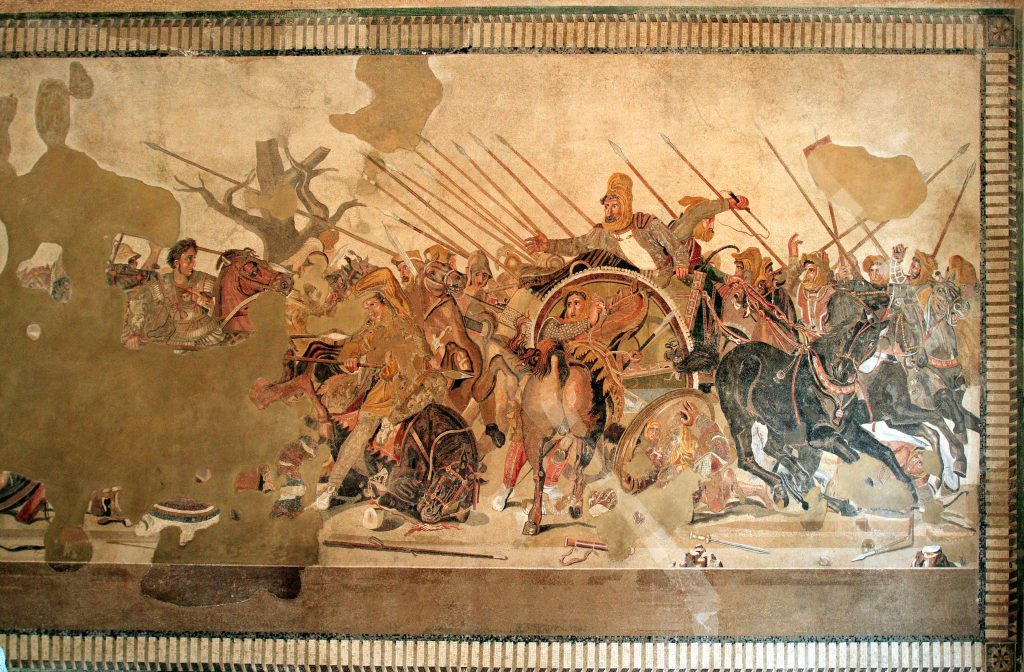 La Battaglia di Isso, in una celebe rappresentazione romana, che mostra Alessandro (a sinistra) nell'atto di sconfiggere Dario III; è un mosaico rinvenuto nella pavimentazione della casa del Fauno di Pompei, 100B a.C.