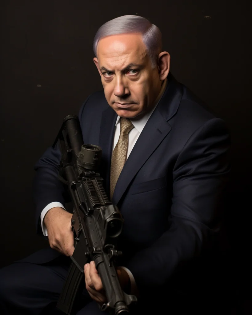 La immagine mostra Benjamin Netanyahu con espressione aggressiva, che impugna un mitra