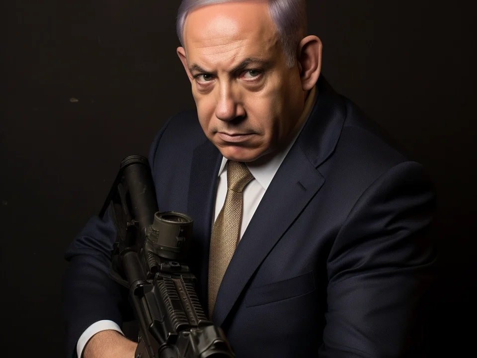 La immagine mostra Benjamin Netanyahu con espressione aggressiva, che impugna un mitra
