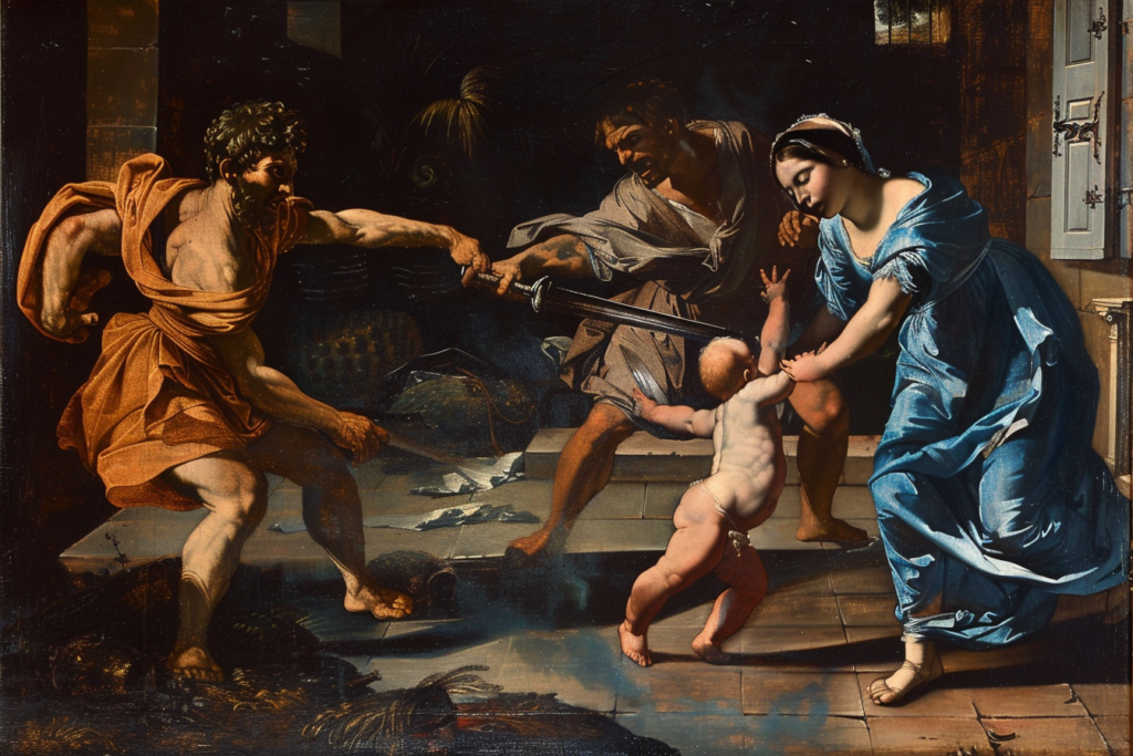 l' immagine rappresenta la strage degli innocenti che avvenne in Giudea ai tempi di gesù, in stile caravaggesco. Immagine liberamente creata con Midjourney