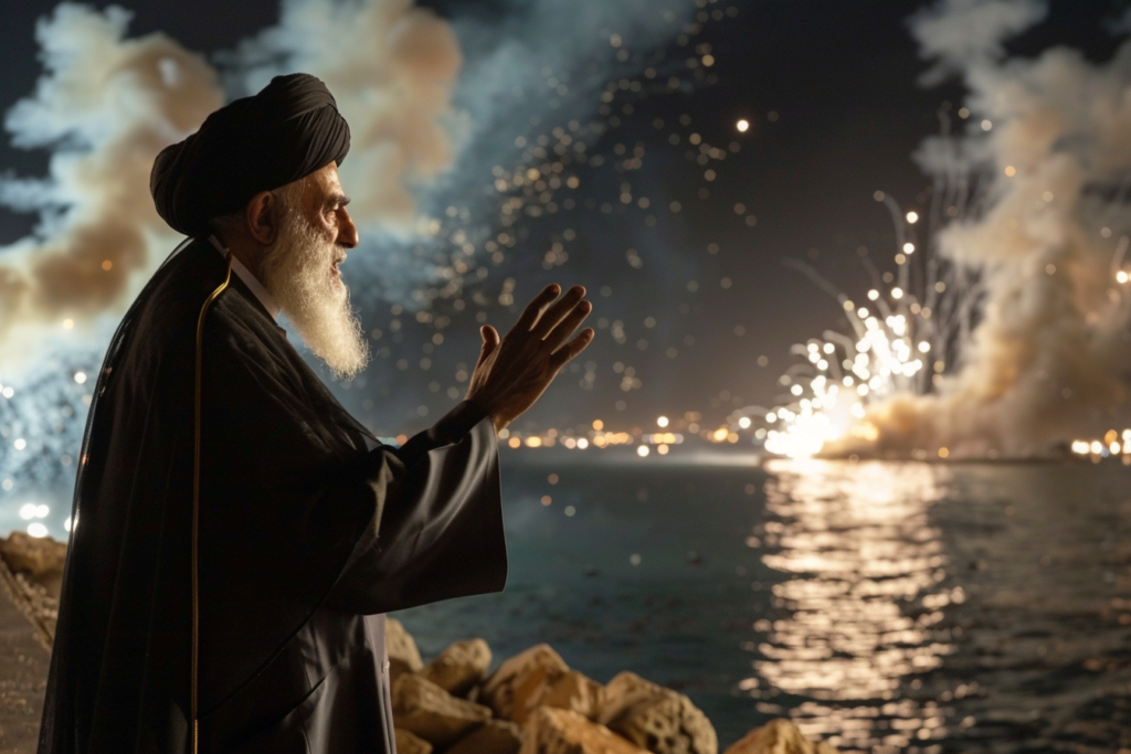 Un ayatollah iraniano osserva in lontananza delle esplosioni sulla superficie del mare. La figura allude ai bombardamenti houthi contro le navi mercantili in transito nel Mar Rosso