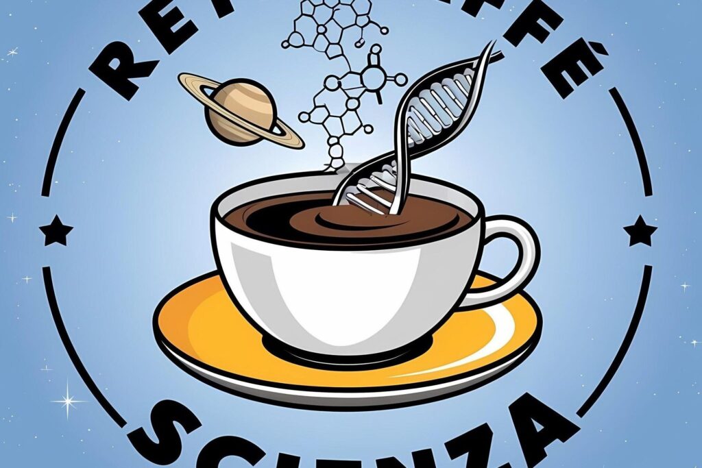 Logo della rete italiana dei Caffè Scienza, organizzazione per la divulgazione scientifica. L' immagine mostra il disegno di una tazzina di caffè, in cui è immersa una doppia elica di DNA come fosse un biscotto